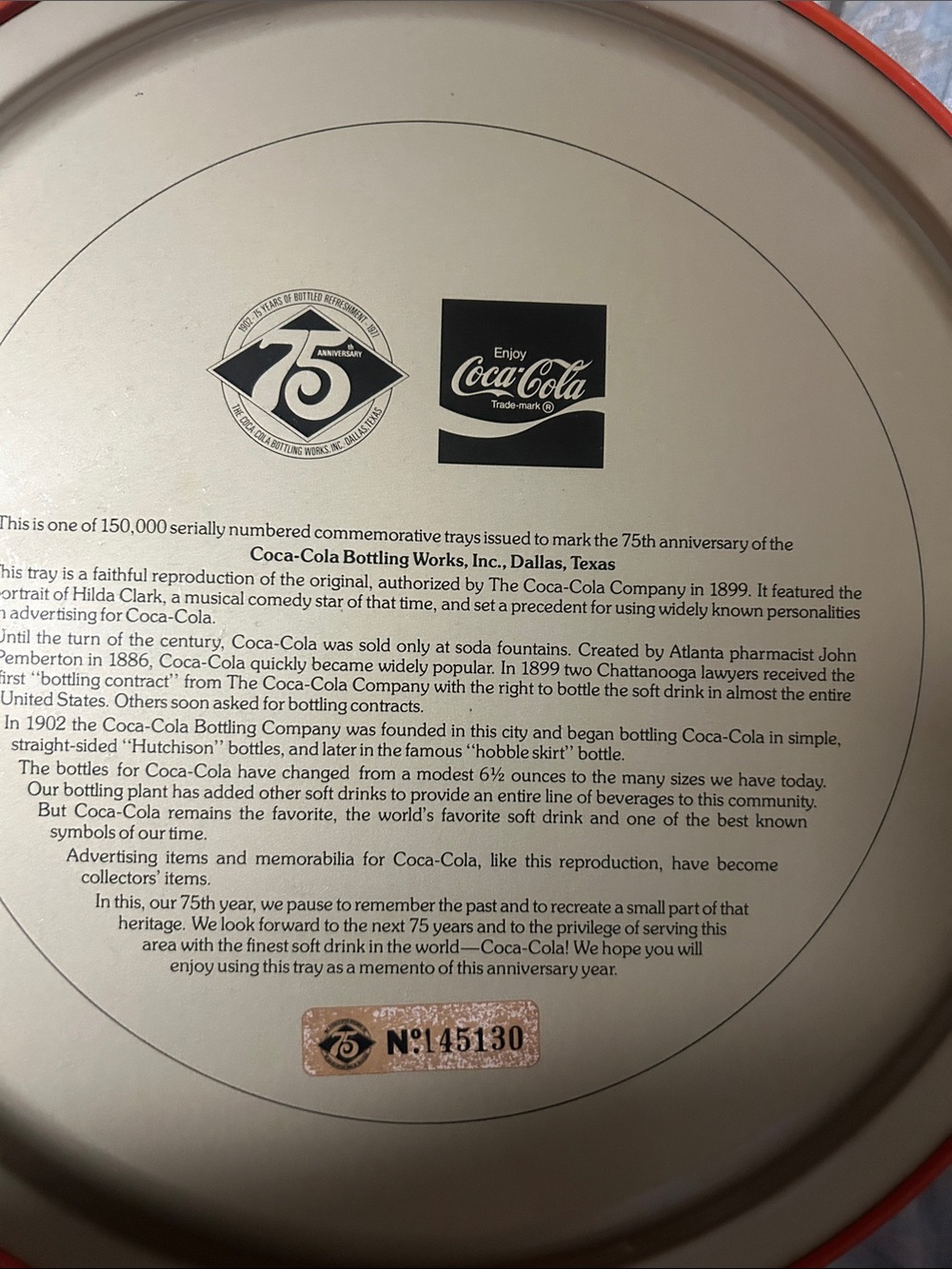 Vintage 75th anniversary Coca-Cola Round Tray — Yellow, Red, Cream, Blue - Picture 2 of 4